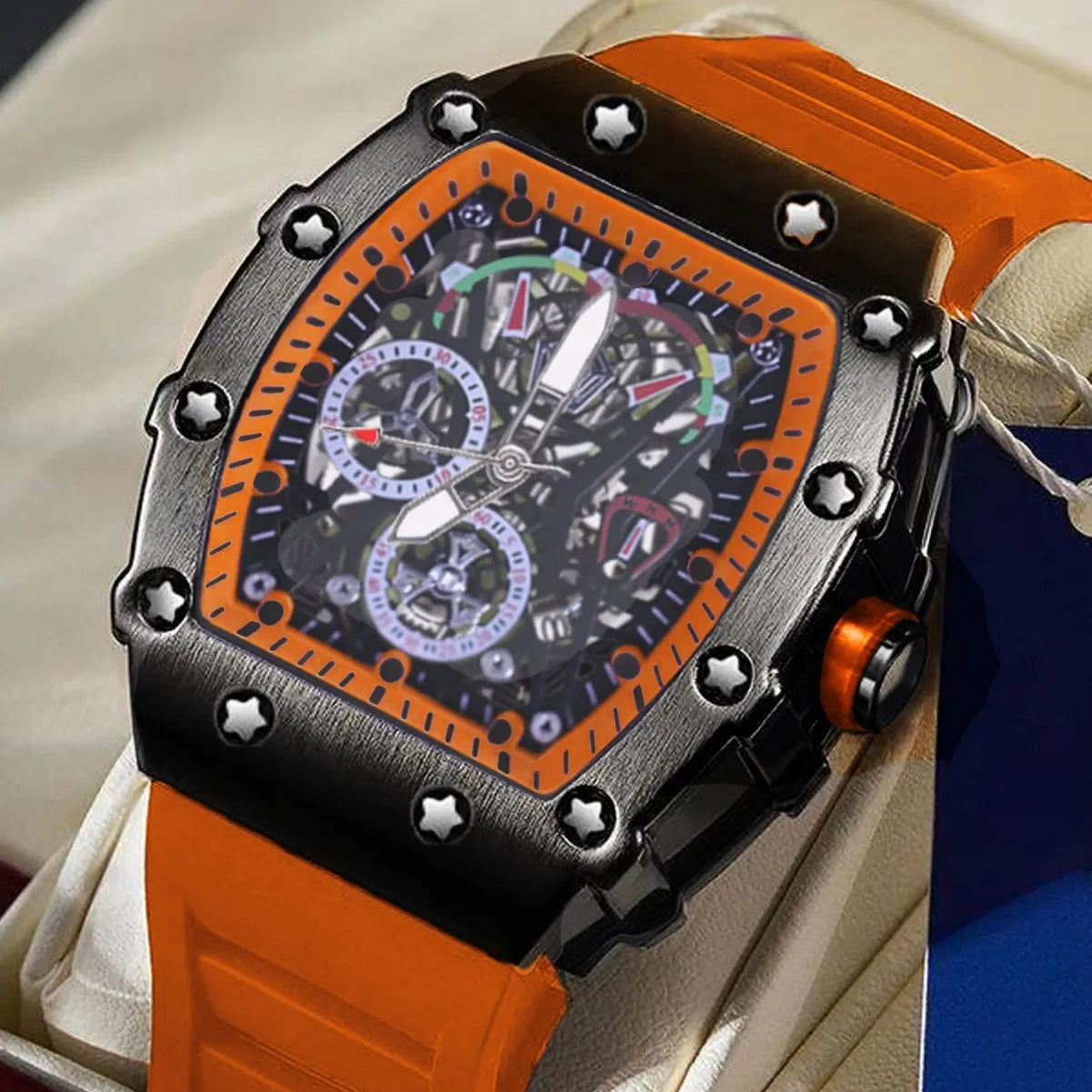 Tonneau Decorative Fake Dial Quartz Watches Men Top Luminous Rubber Strap Male Watches Men AAA Sport Watch Waterproof Relogio