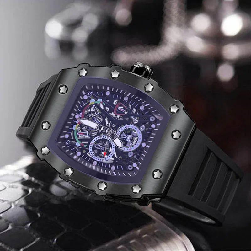 Tonneau Decorative Fake Dial Quartz Watches Men Top Luminous Rubber Strap Male Watches Men AAA Sport Watch Waterproof Relogio