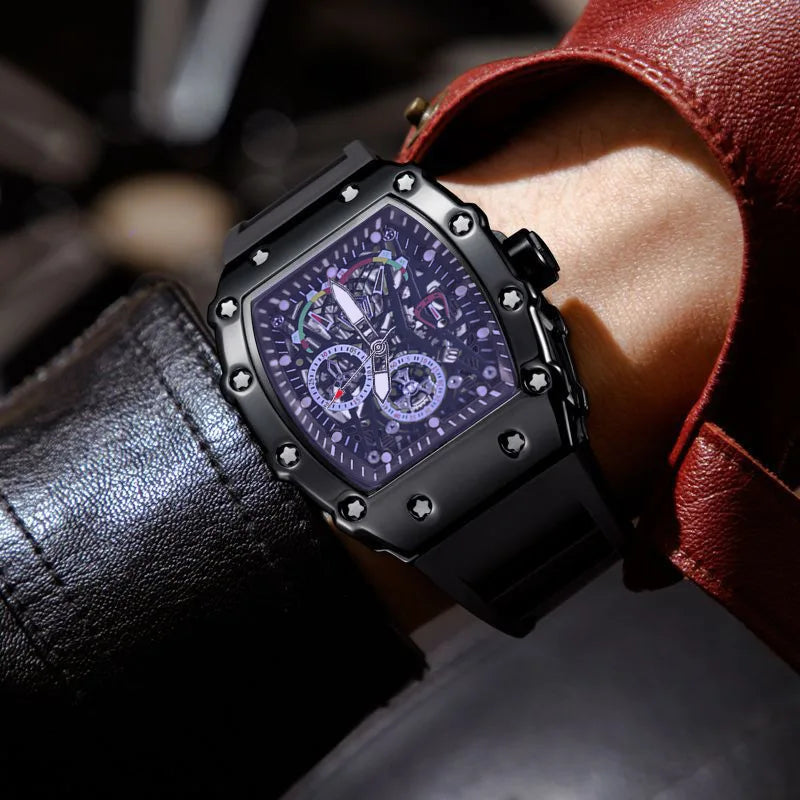 Tonneau Decorative Fake Dial Quartz Watches Men Top Luminous Rubber Strap Male Watches Men AAA Sport Watch Waterproof Relogio