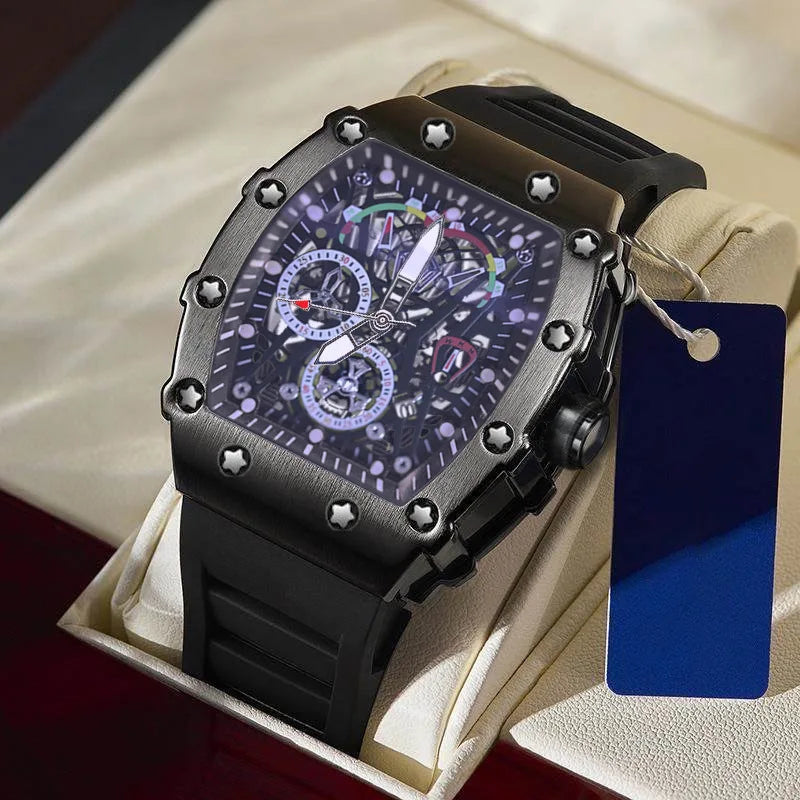 Tonneau Decorative Fake Dial Quartz Watches Men Top Luminous Rubber Strap Male Watches Men AAA Sport Watch Waterproof Relogio
