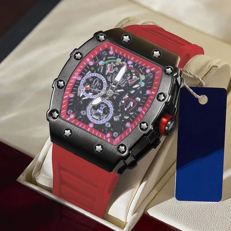 Tonneau Decorative Fake Dial Quartz Watches Men Top Luminous Rubber Strap Male Watches Men AAA Sport Watch Waterproof Relogio